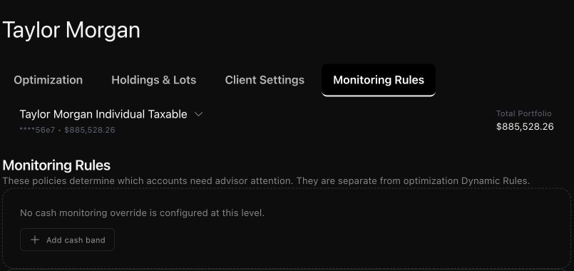 Taylor Morgan's Monitoring Rules tab states that no cash monitoring override is configured at the account level and offers Add cash band.