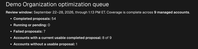 Tilt Agent's optimization queue shows a September 22–28 review window, proposal statuses, and accounts with or without a current usable proposal.