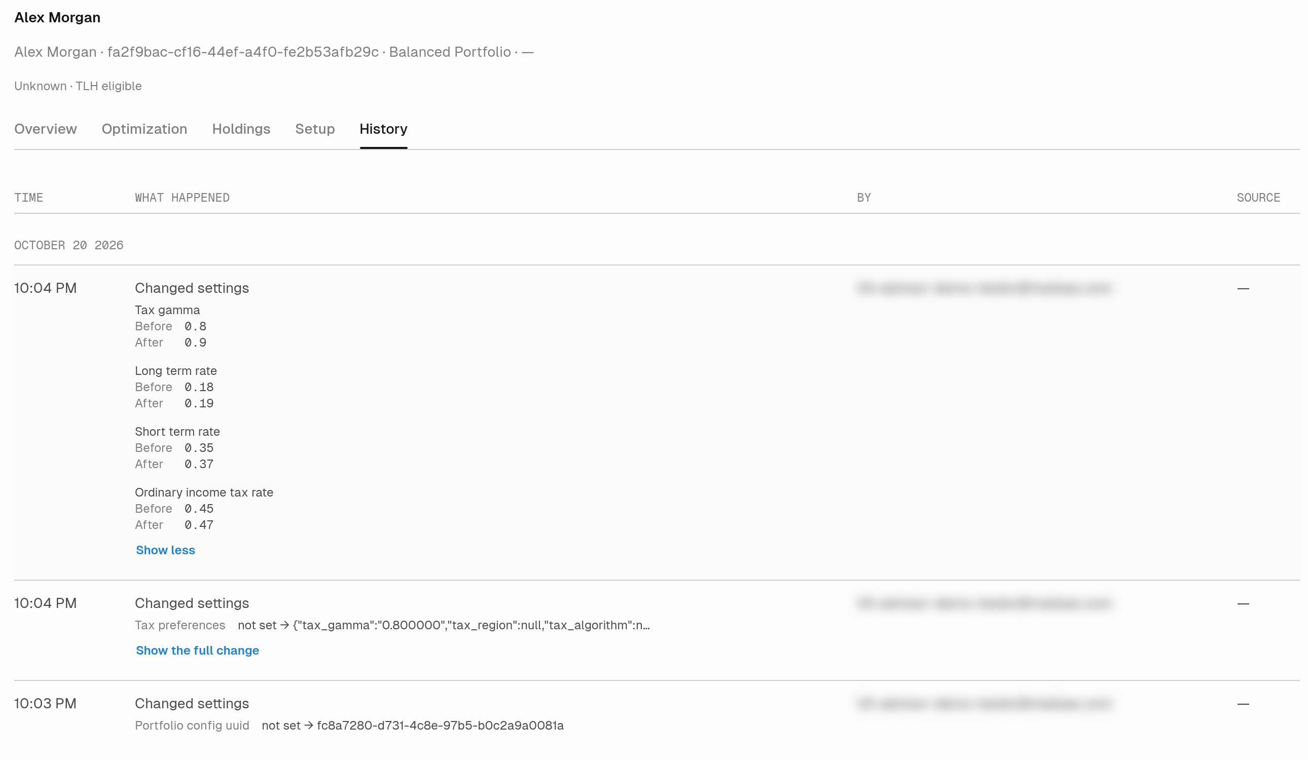 Expanded Alex Morgan History entry showing Before and After values for Tax gamma, Long term rate, Short term rate, and Ordinary income tax rate, followed by Show less. Advisor email addresses are blurred.