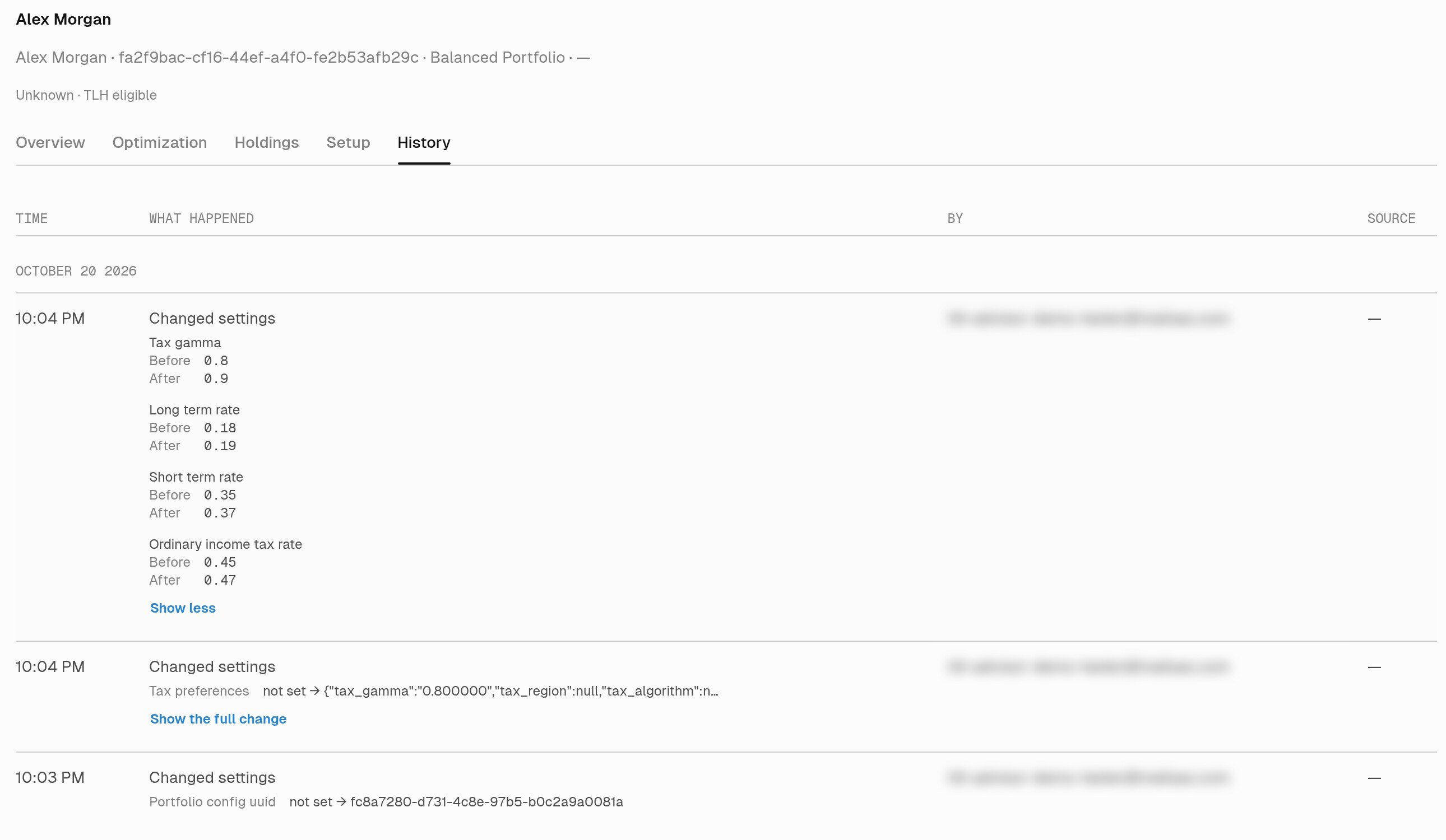 Expanded Alex Morgan History entry showing Before and After values for Tax gamma, Long term rate, Short term rate, and Ordinary income tax rate, followed by Show less. Advisor email addresses are blurred.