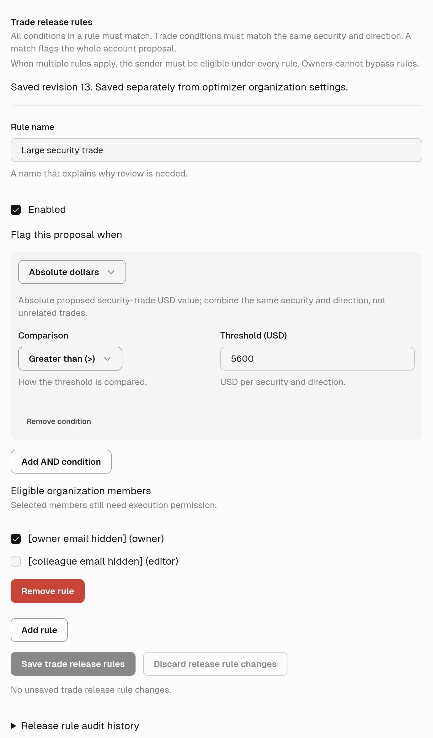 Trade release rules editor showing an enabled Large security trade rule, Absolute dollars greater than 5600, eligible-member checkboxes, and Save trade release rules.