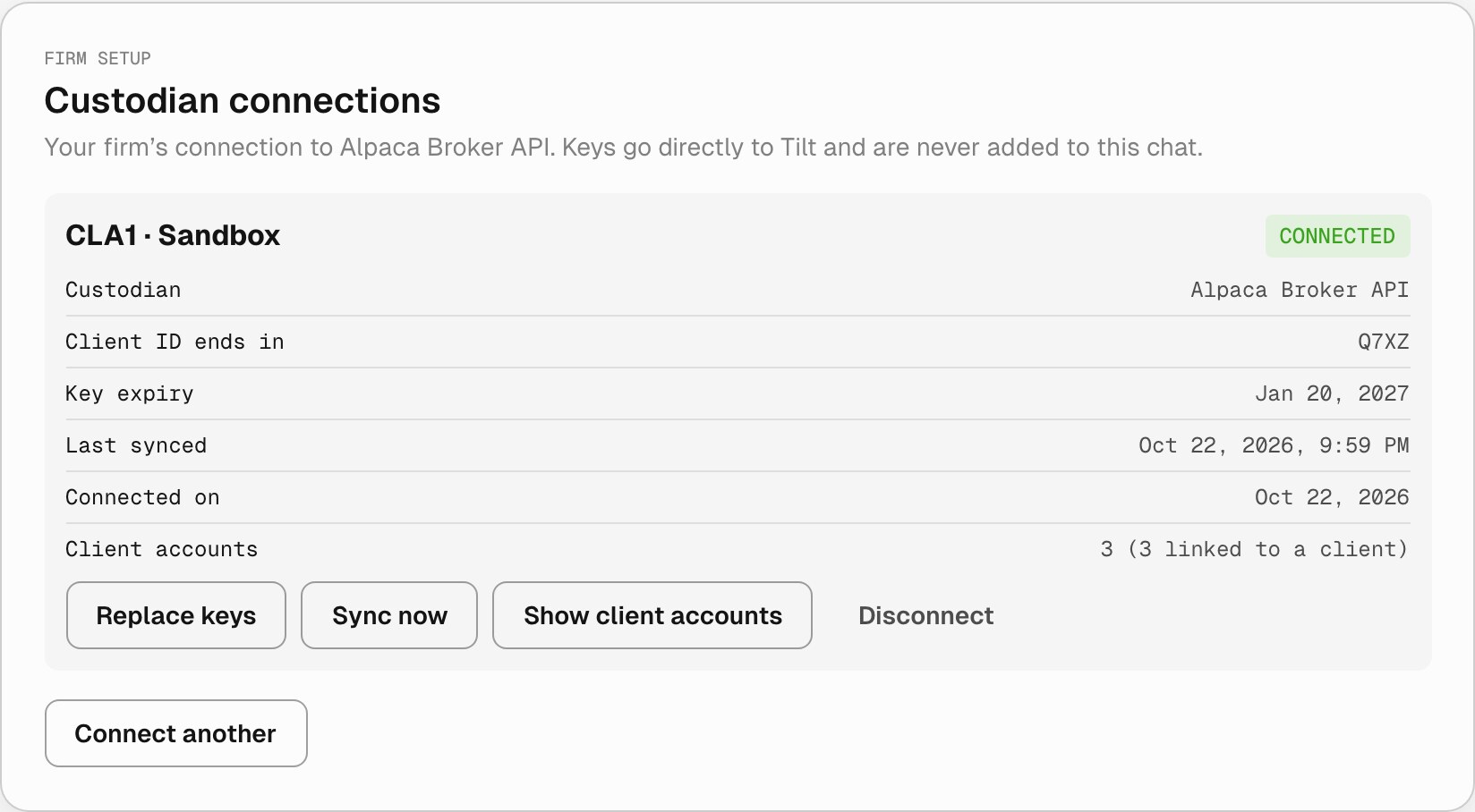 Custodian connections card for the CLA1 Sandbox connection, marked Connected. It lists Custodian Alpaca Broker API, Client ID ends in Q7XZ, Key expiry Jan 20, 2027, Last synced, Connected on, and Client accounts 3 with 3 linked to a client, followed by Replace keys, Sync now, Show client accounts, Disconnect, and Connect another.