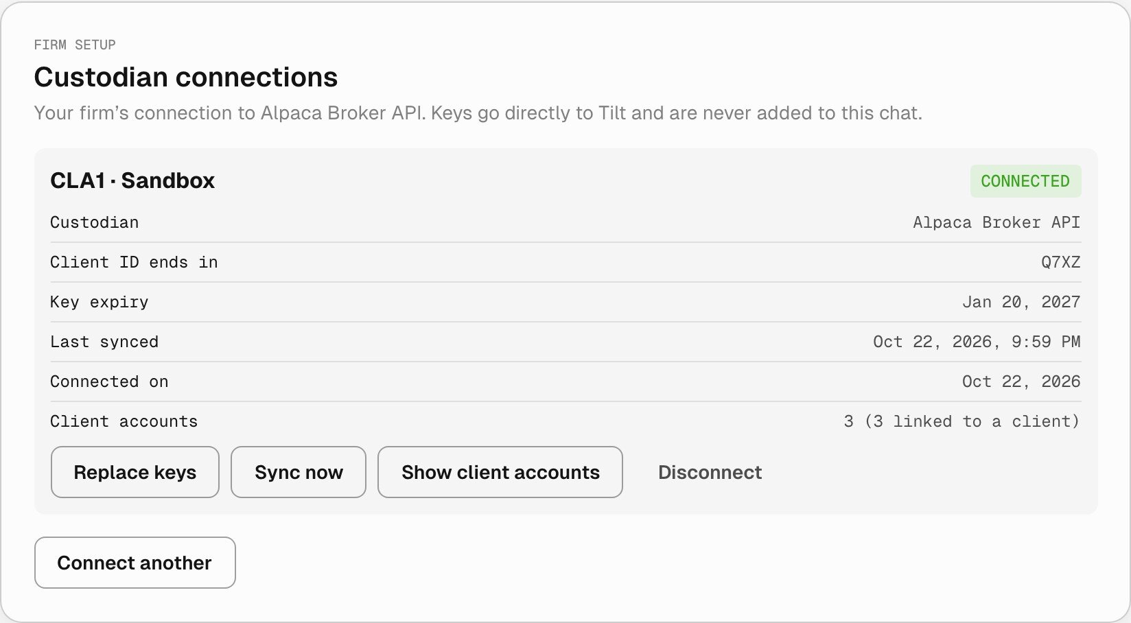 Custodian connections card for the CLA1 Sandbox connection, marked Connected. It lists Custodian Alpaca Broker API, Client ID ends in Q7XZ, Key expiry Jan 20, 2027, Last synced, Connected on, and Client accounts 3 with 3 linked to a client, followed by Replace keys, Sync now, Show client accounts, Disconnect, and Connect another.