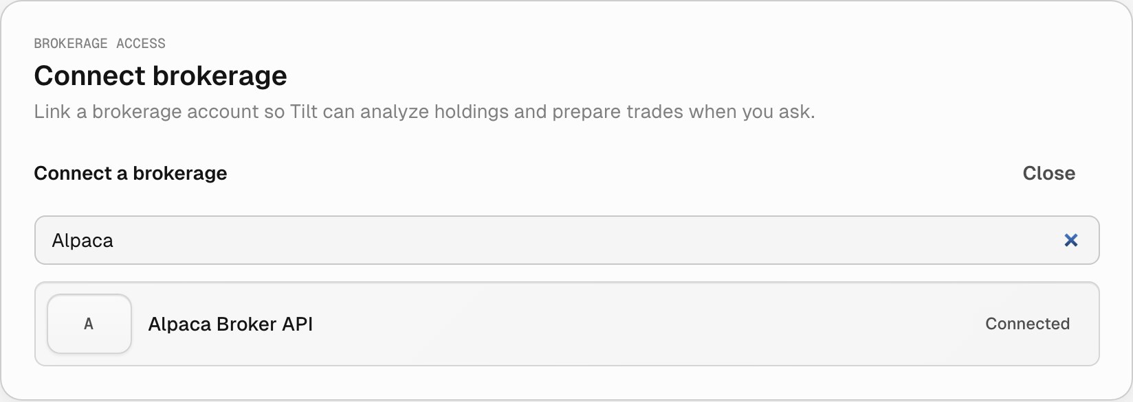 Connect brokerage card searched for Alpaca, showing one row, Alpaca Broker API, with the status Connected.