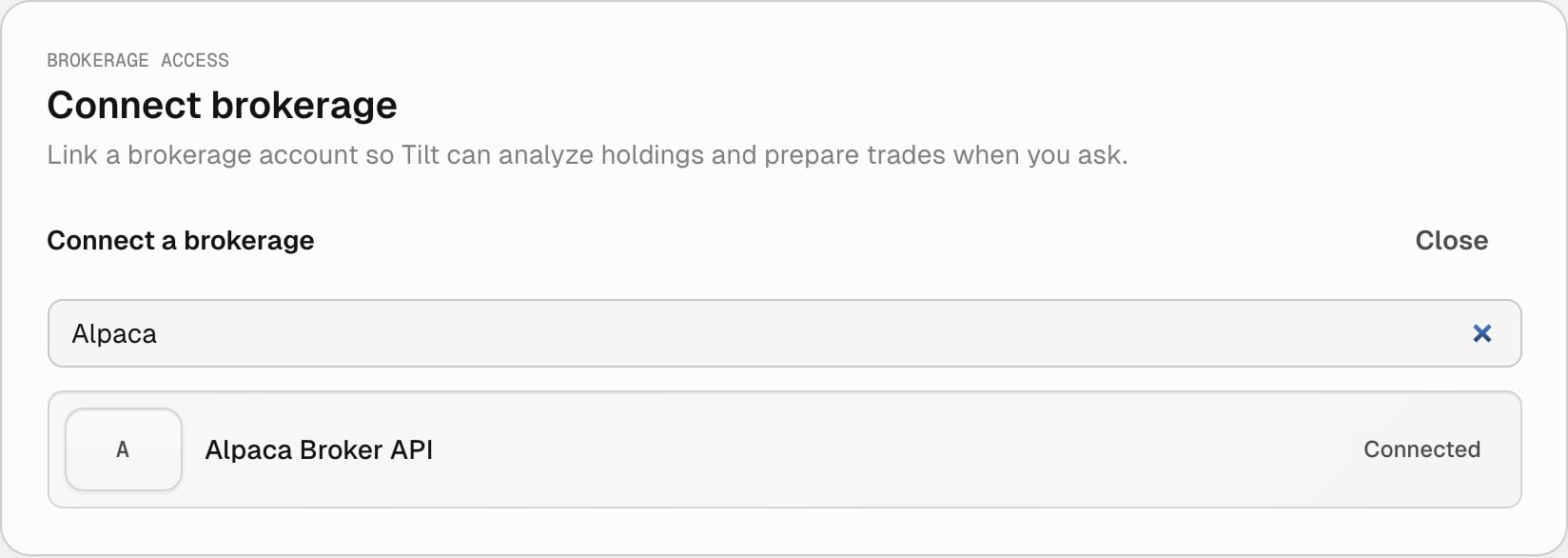 Connect brokerage card searched for Alpaca, showing one row, Alpaca Broker API, with the status Connected.