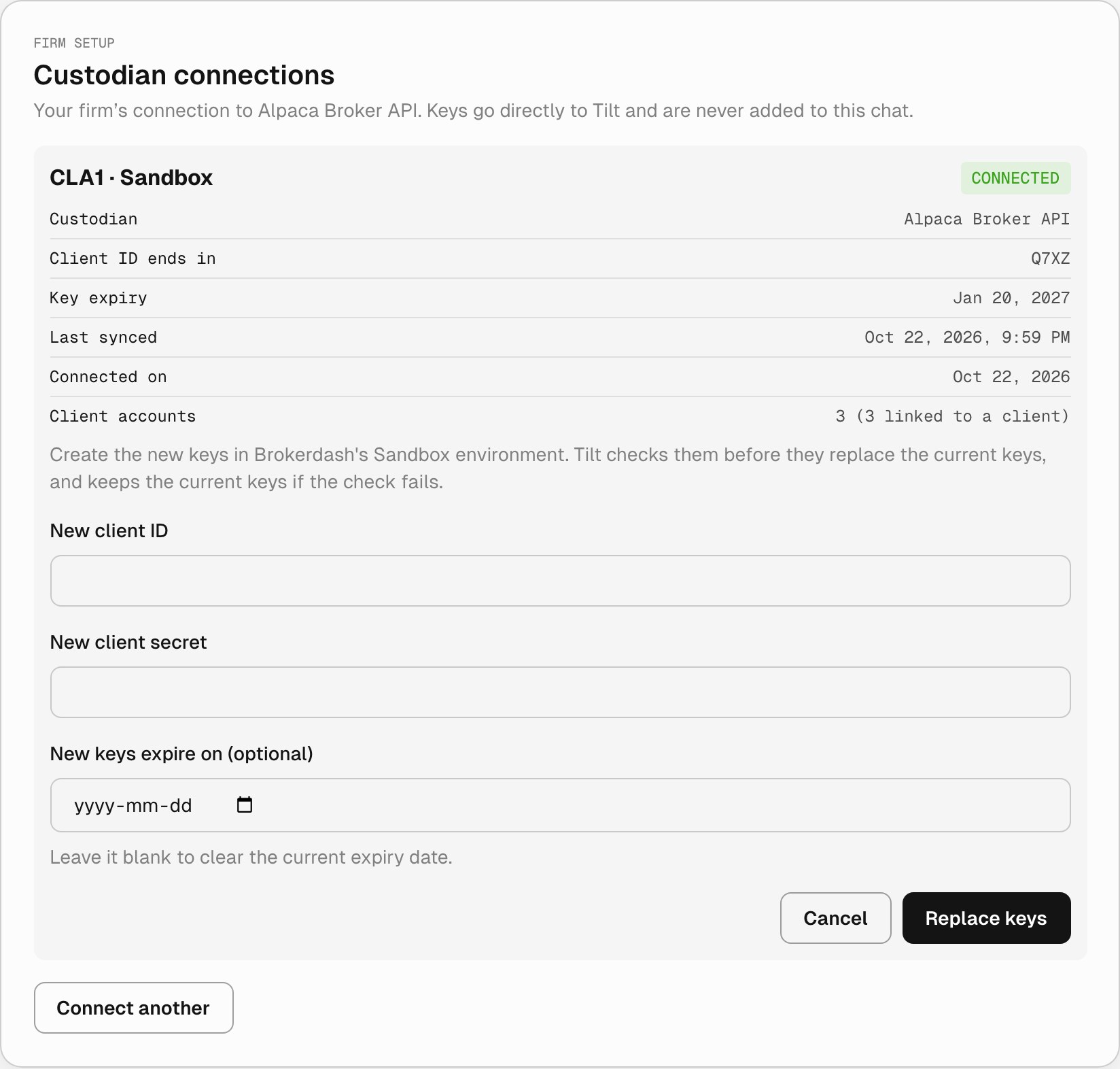 Replace keys form under the connection's details, explaining that the new keys come from Brokerdash's Sandbox environment and that Tilt keeps the current keys if the check fails, with New client ID, New client secret, and New keys expire on (optional) fields, the hint Leave it blank to clear the current expiry date, and Cancel and Replace keys buttons.