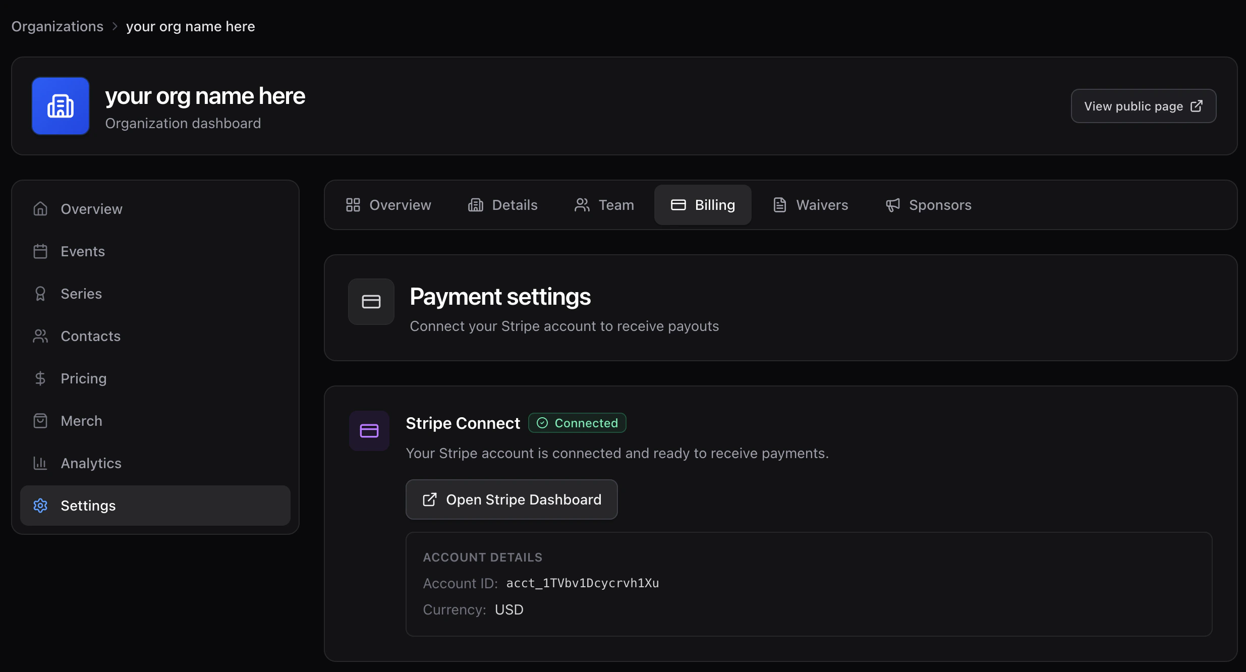 Billing settings page