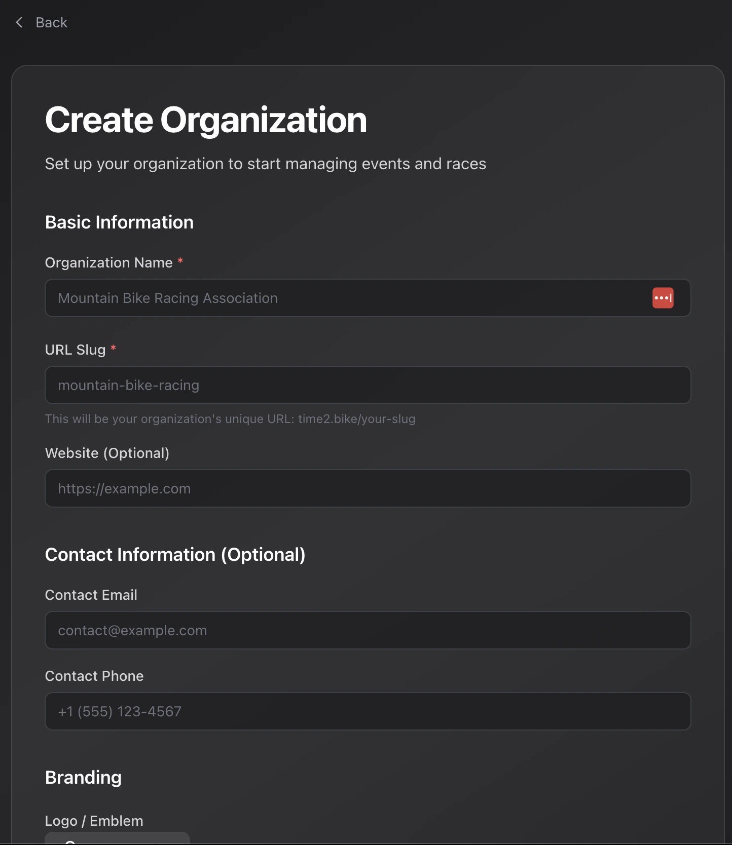 Create organization form