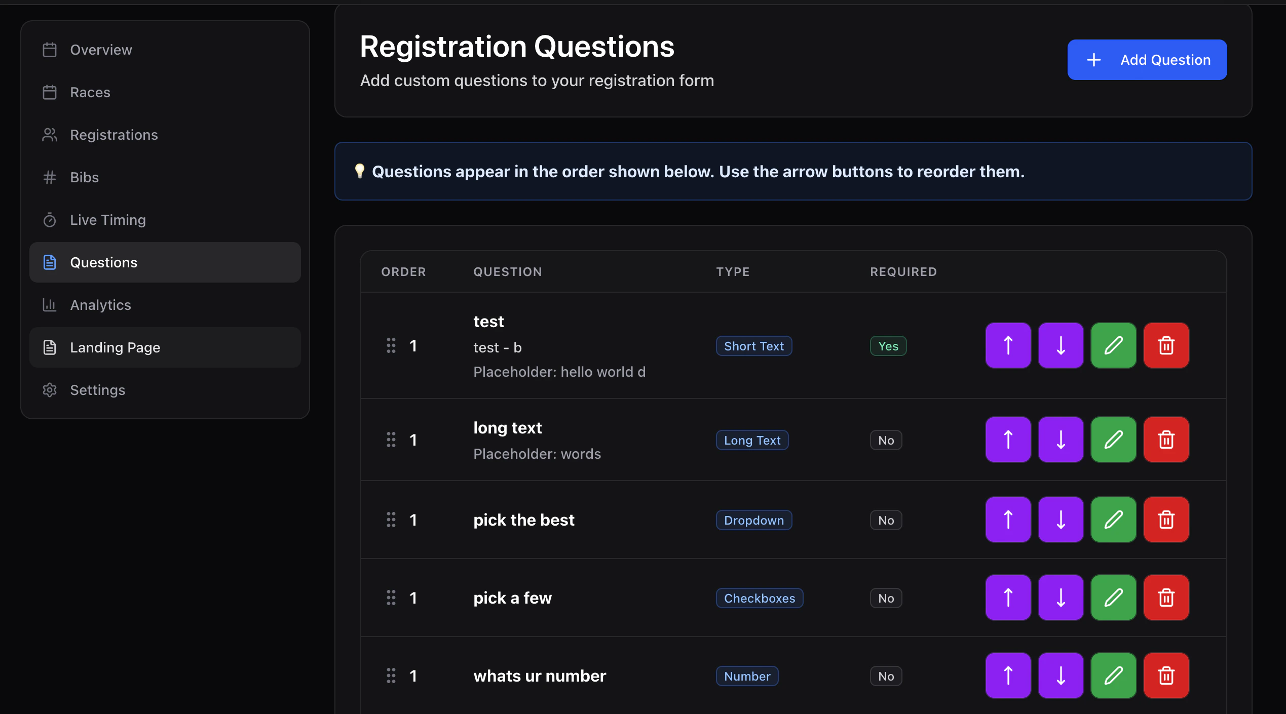 Questions tab