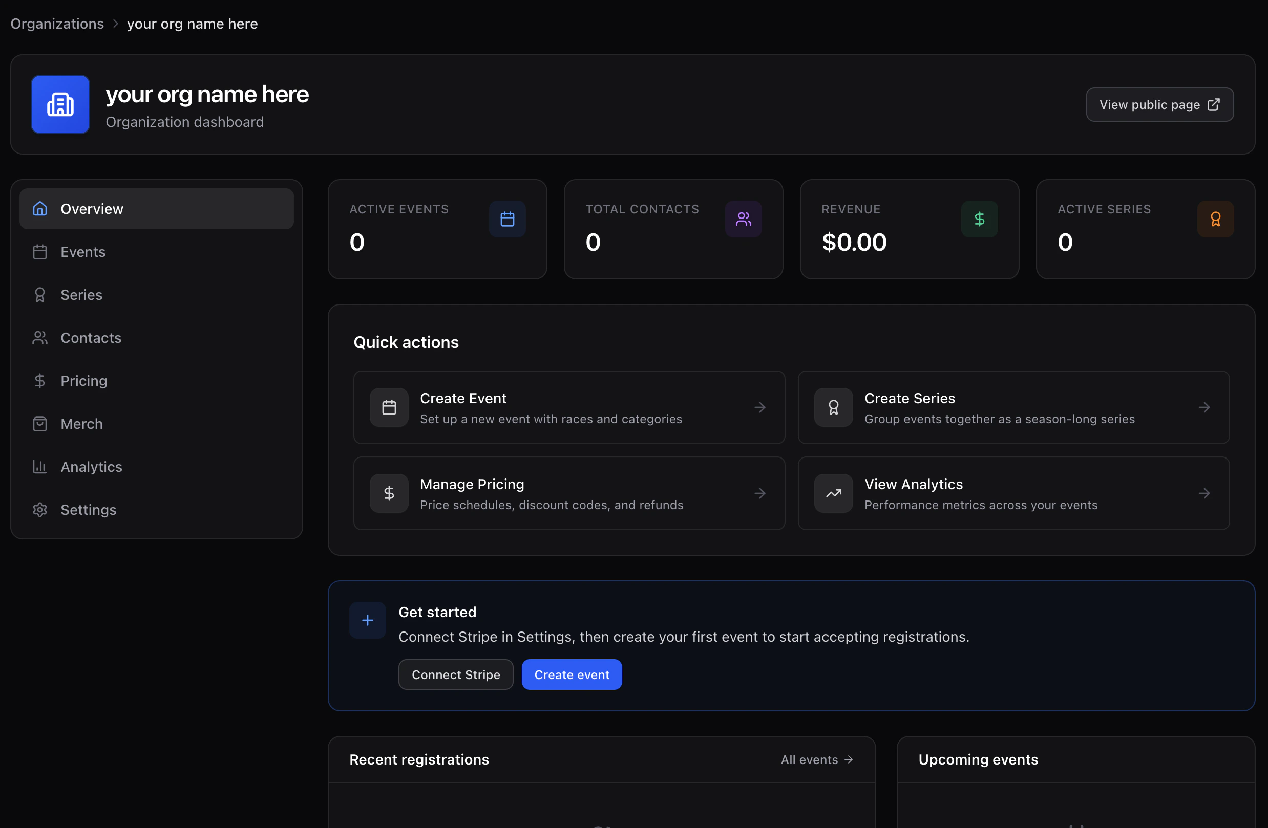 Dashboard after org creation