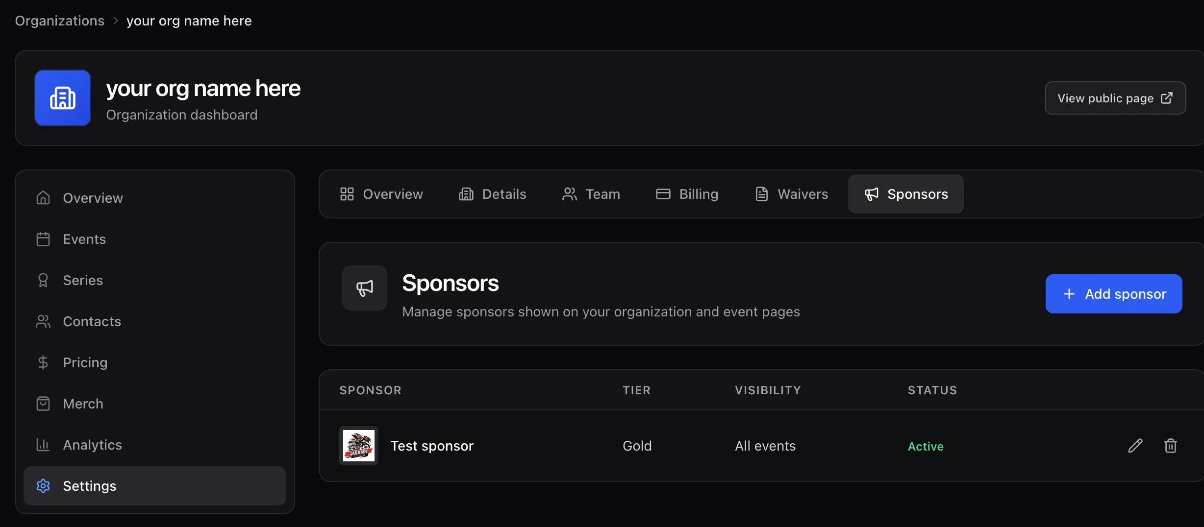Sponsors settings page