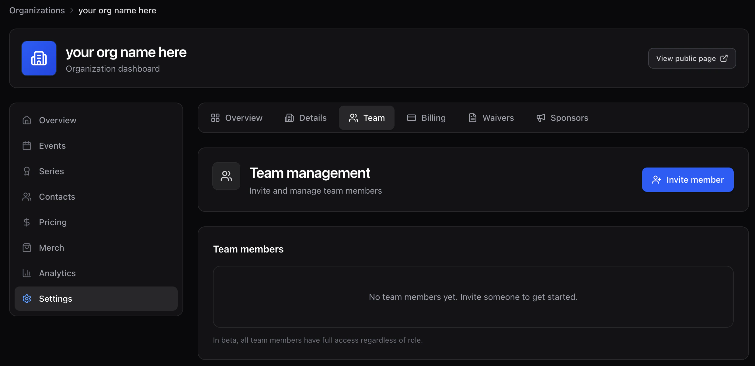 Team settings page
