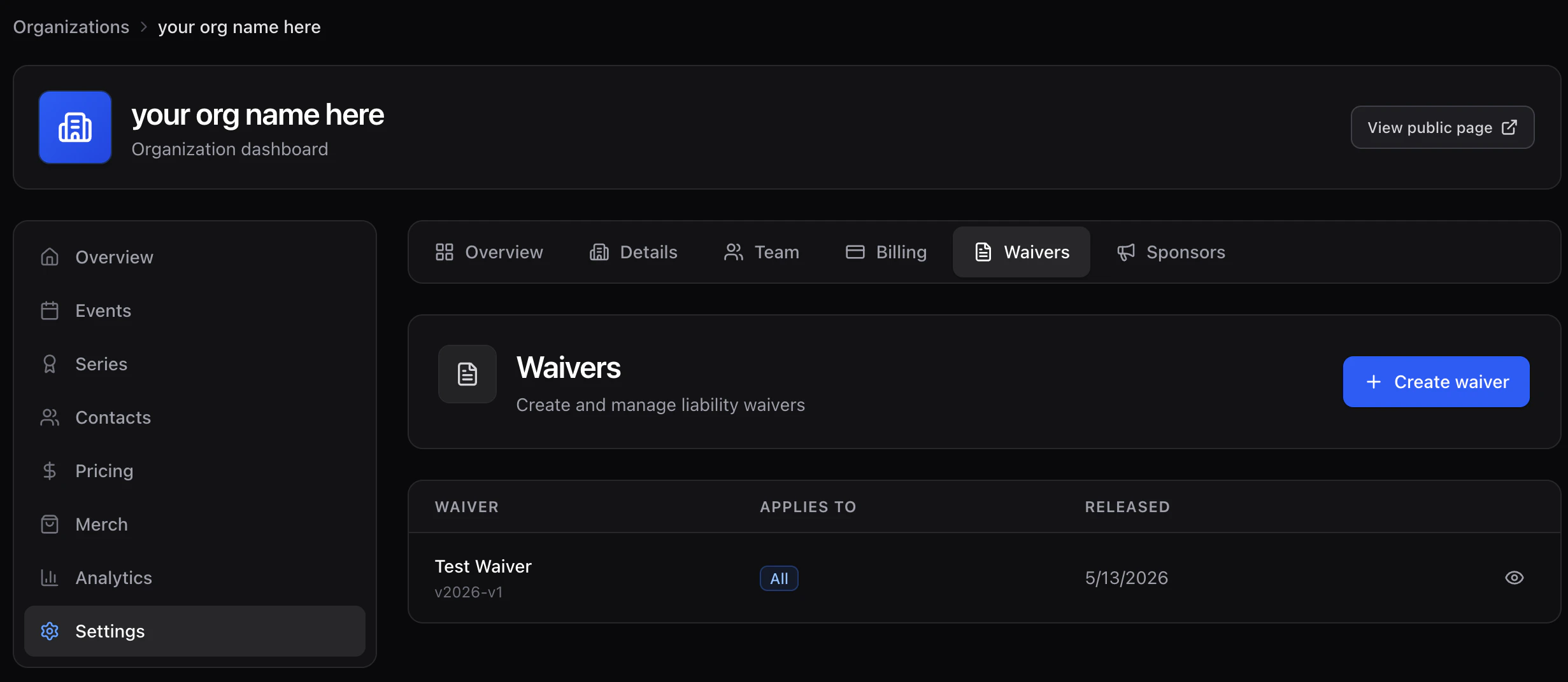 Waivers settings page