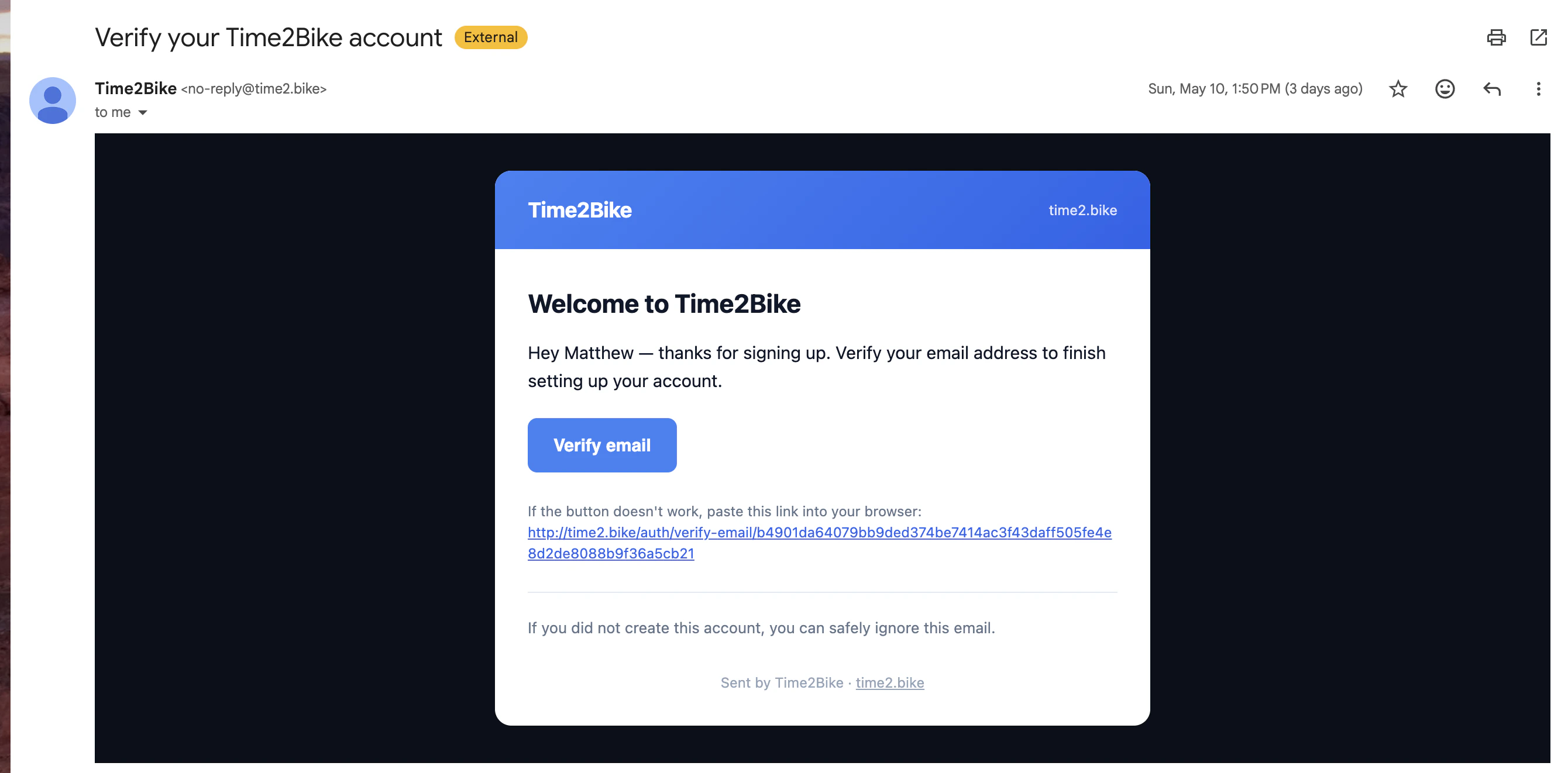 Inbox view of the "Confirm your email" email from Time2Bike