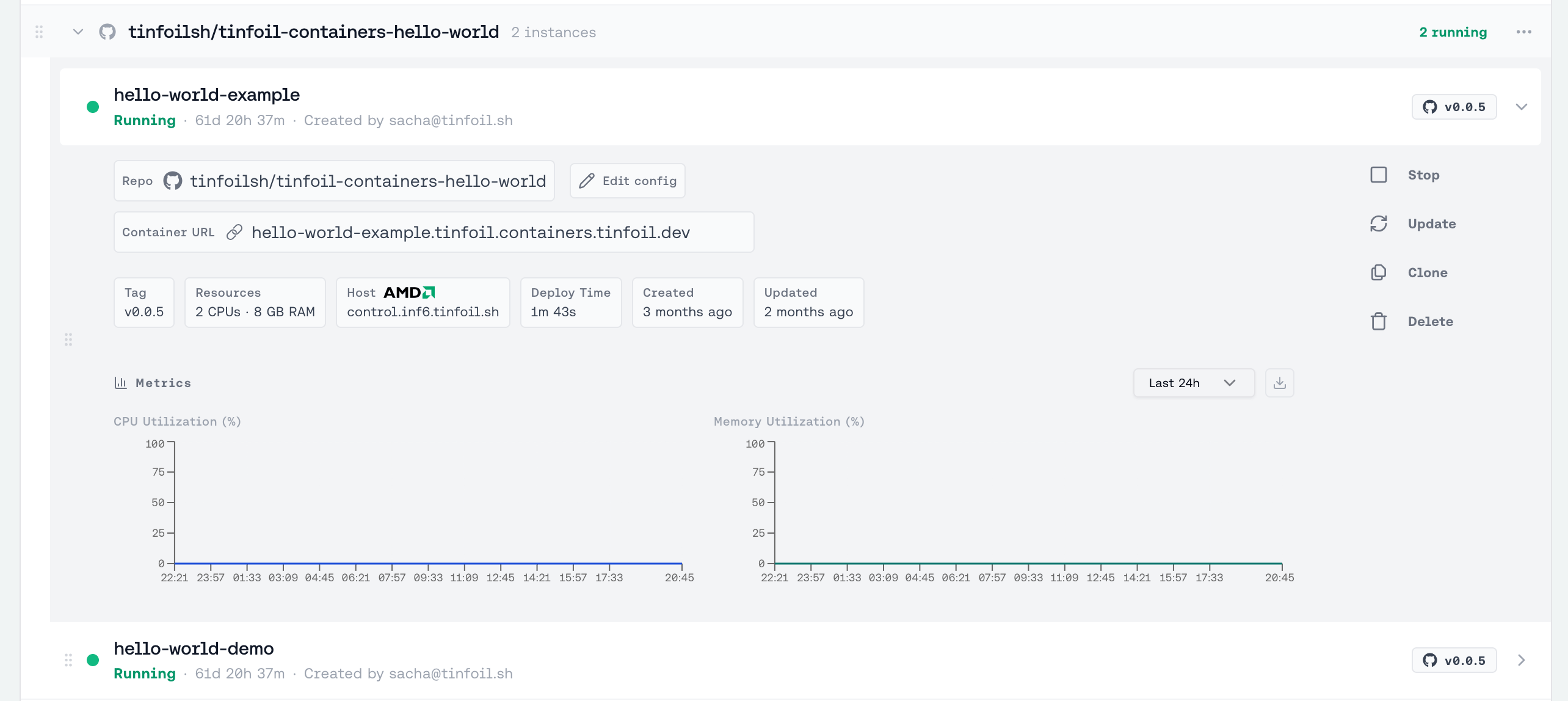 Dashboard view of a deployment expanded to show individual container instances