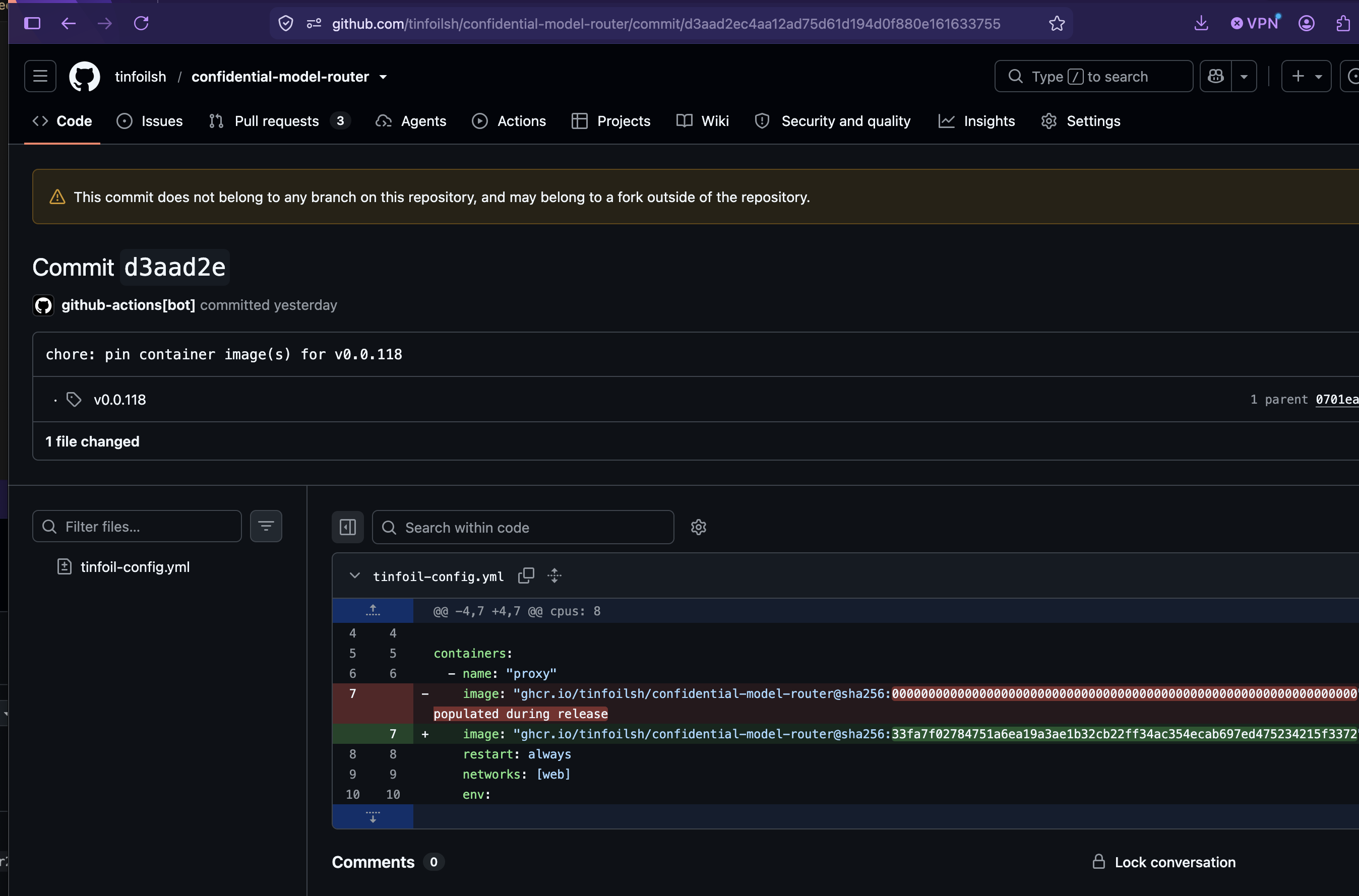 GitHub commit page showing the release workflow replacing the placeholder digest with the real one