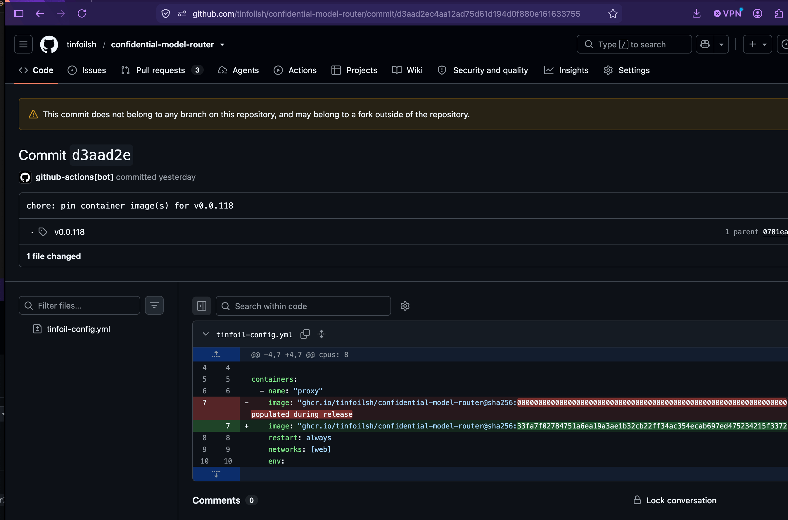 GitHub commit page showing the release workflow replacing the placeholder digest with the real one