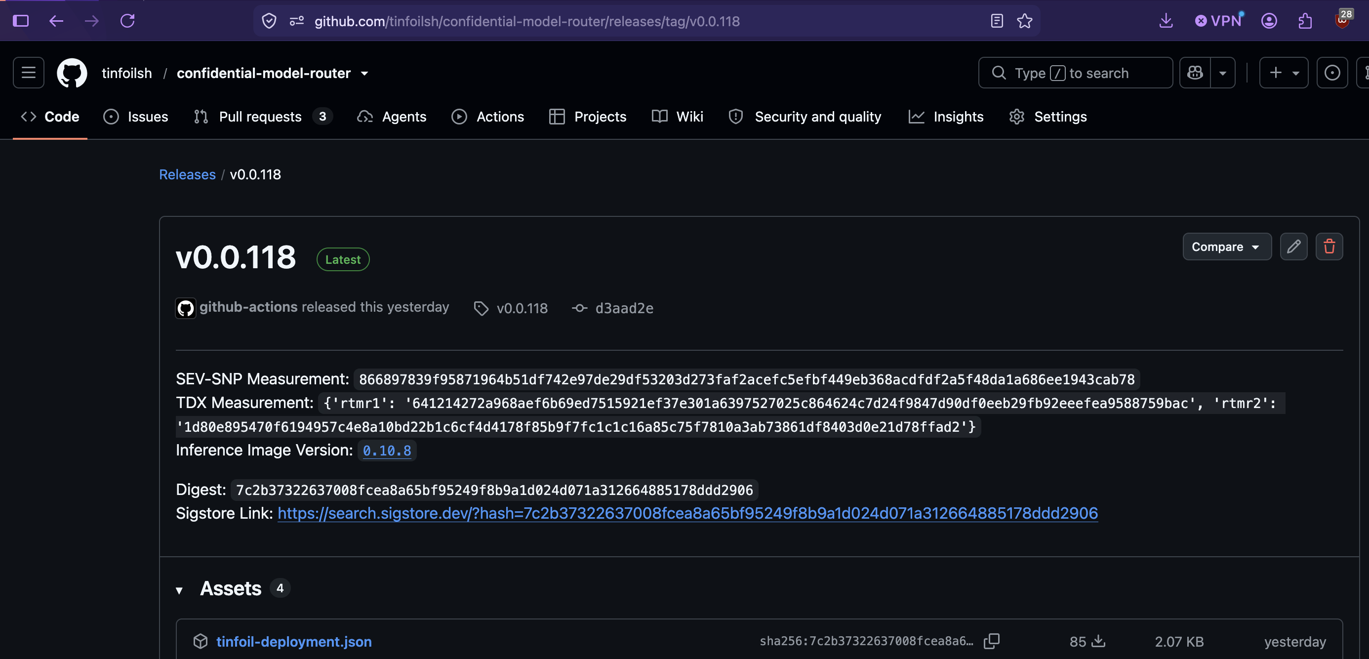 GitHub release page showing the published measurements and attestation