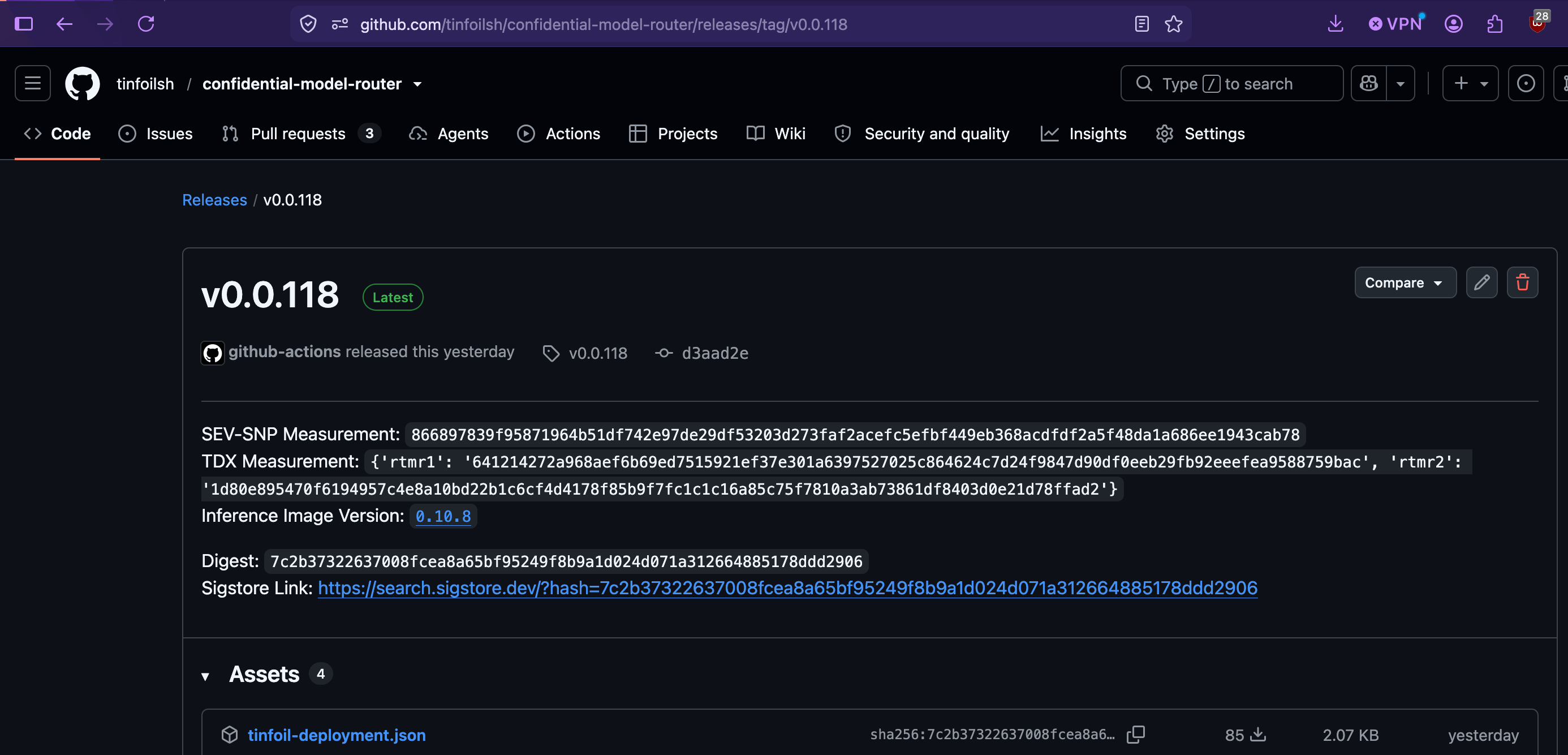 GitHub release page showing the published measurements and attestation