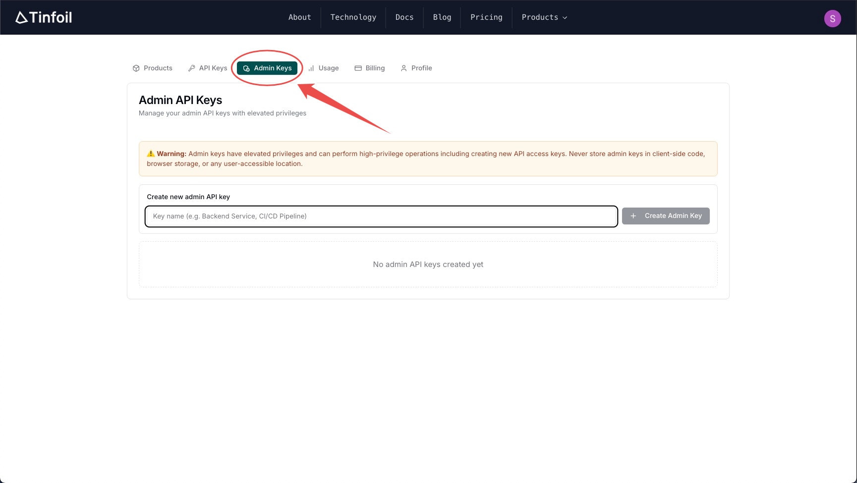 Admin tab selection