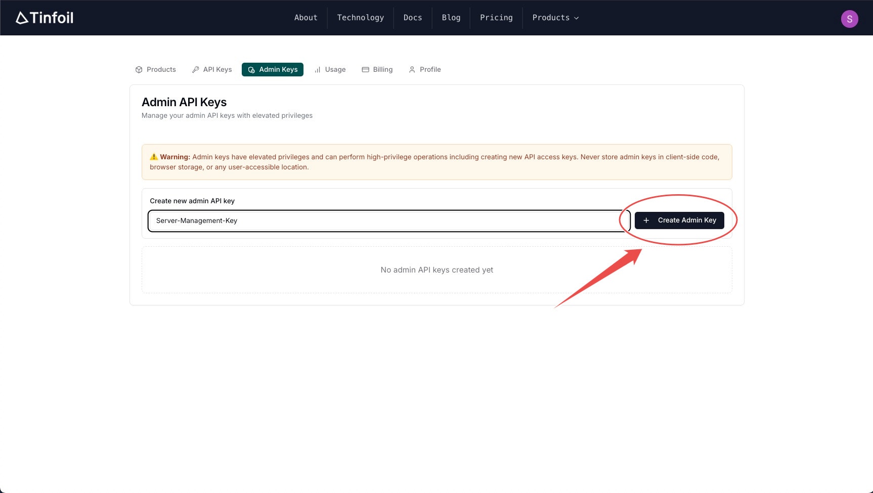 Create admin key button