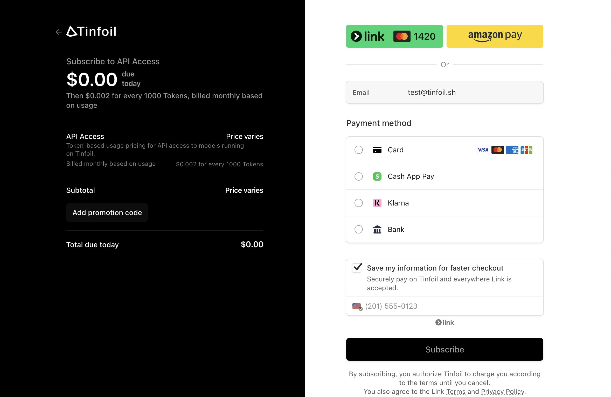API checkout page