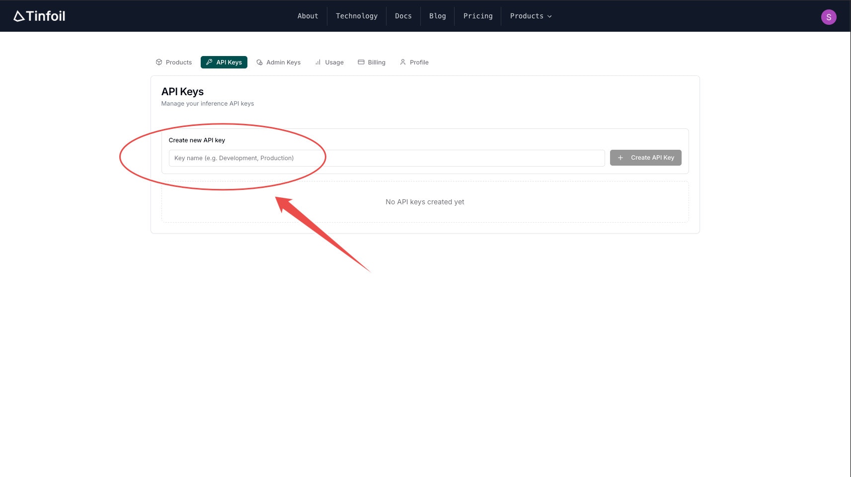 API key management page
