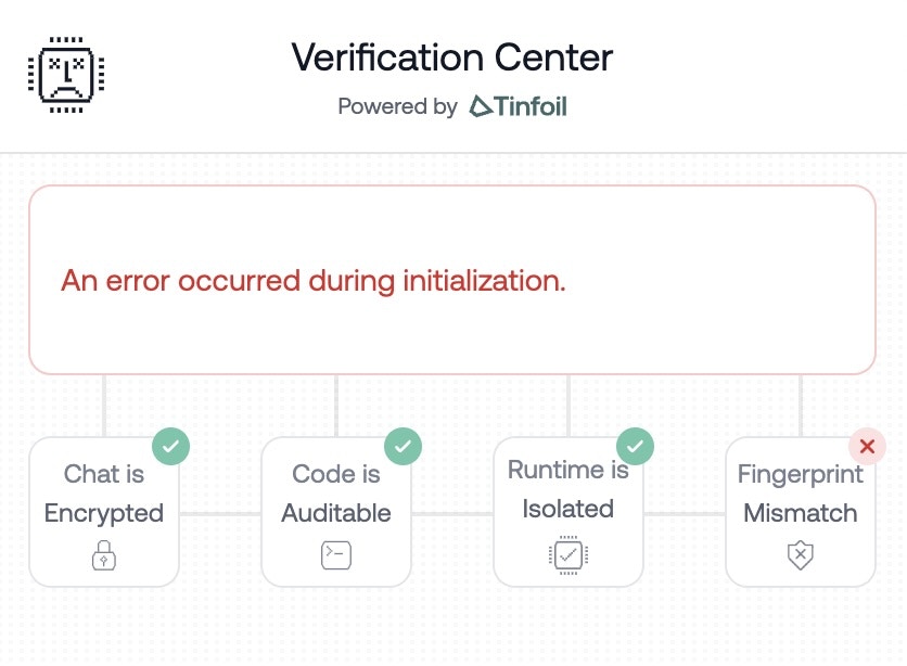 Verification Center showing fingerprint mismatch error