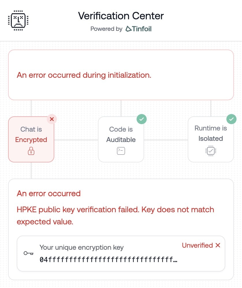 Verification Center showing HPKE key mismatch error