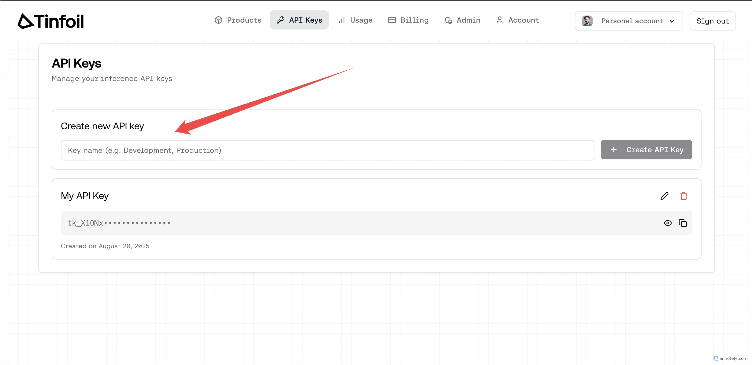 API key management page