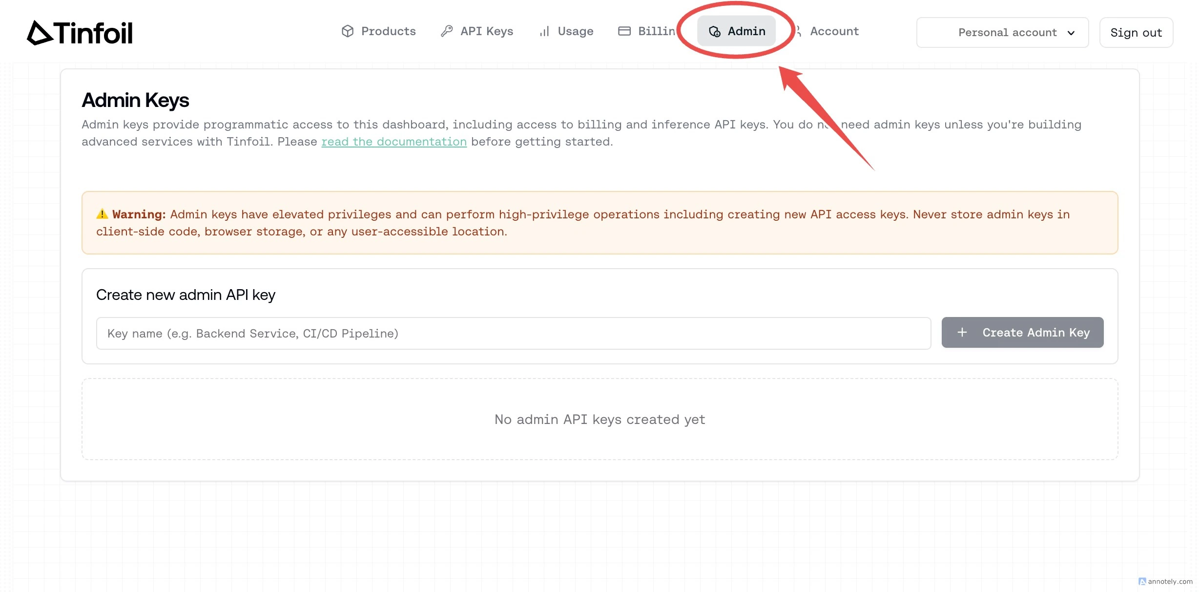 Admin tab selection