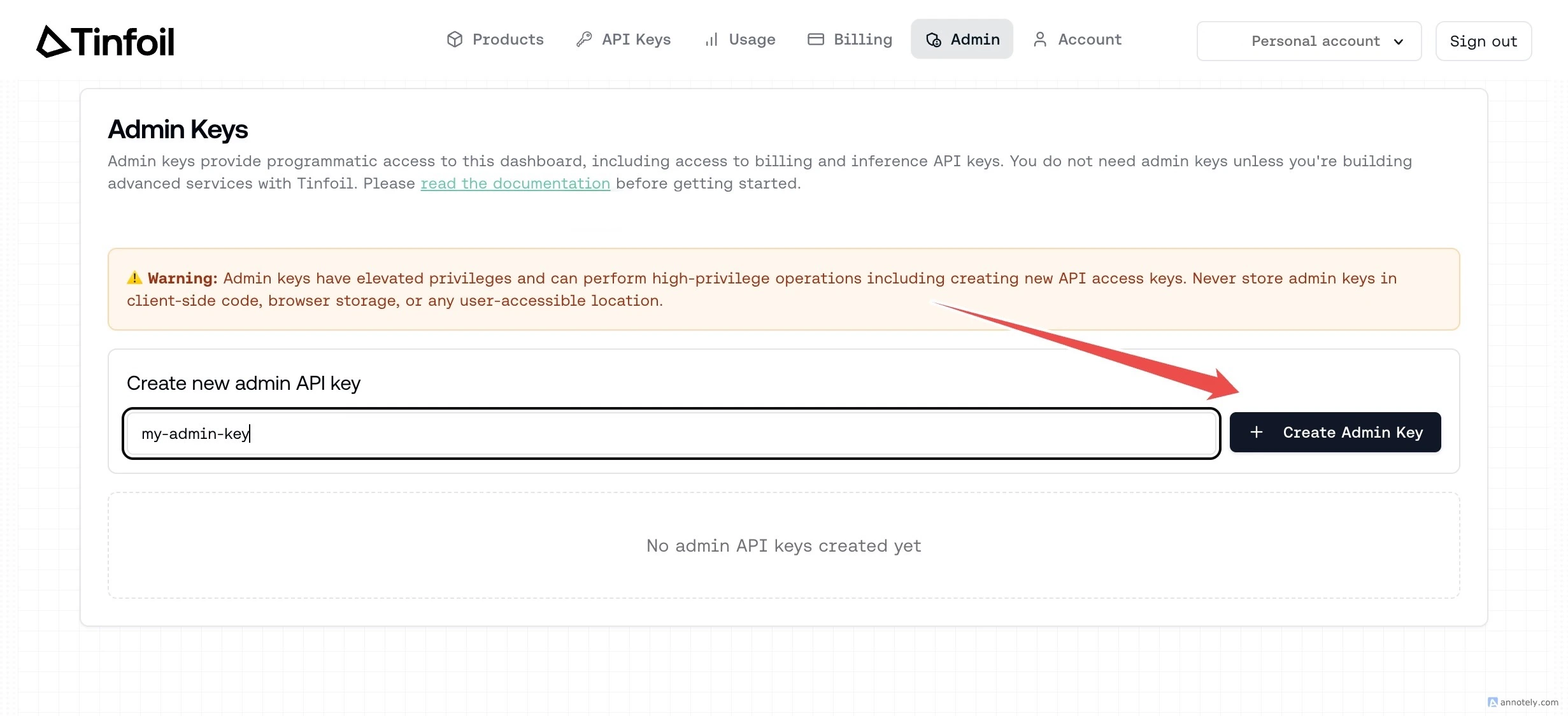 Create admin key button