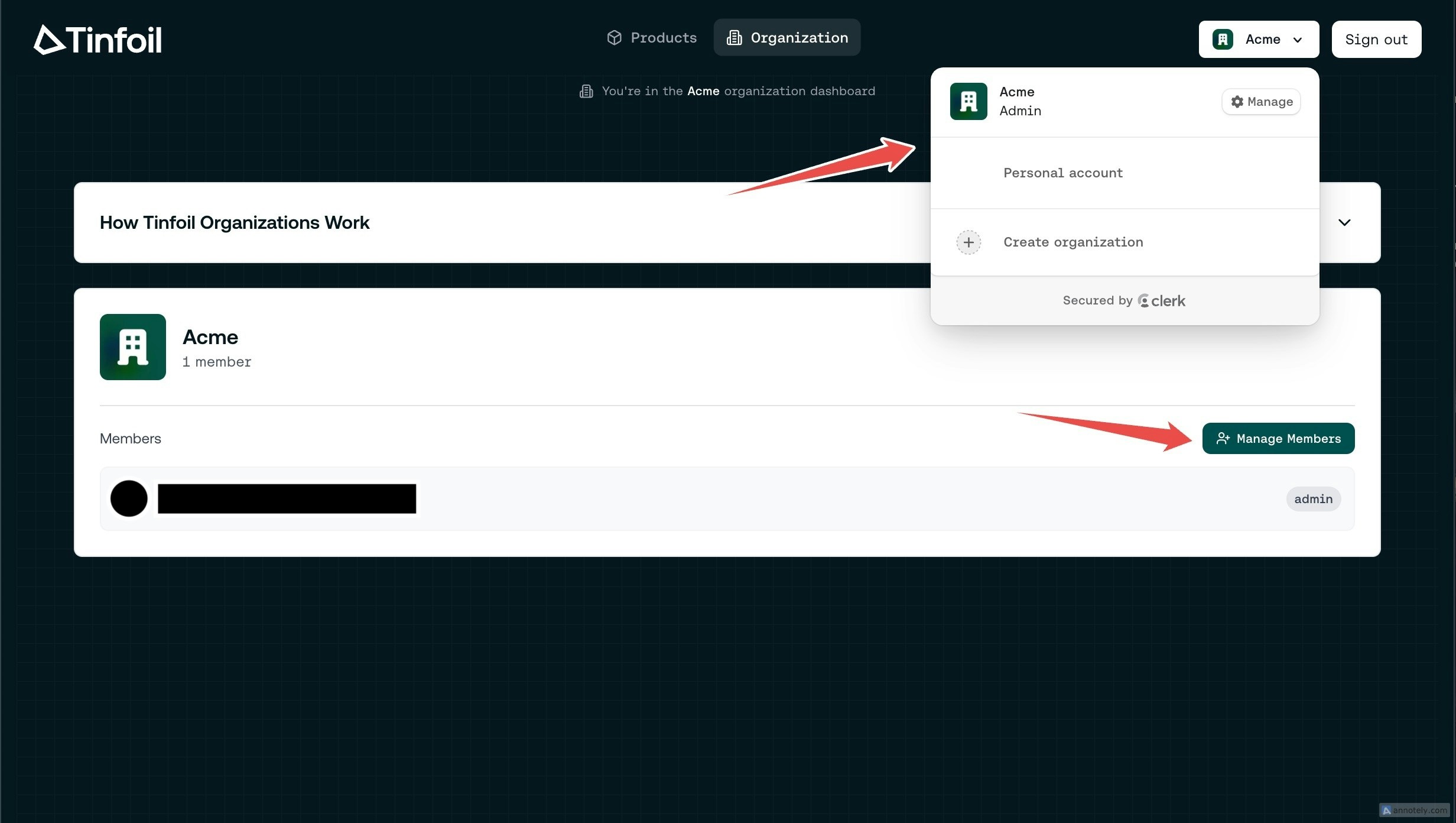 Organization dashboard with member management