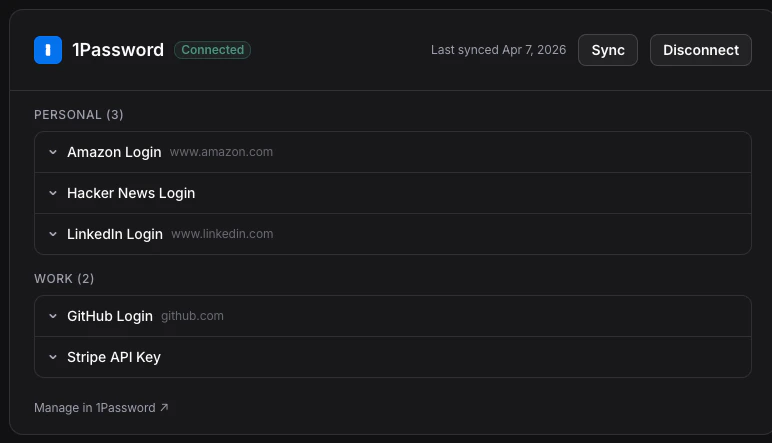 Vault settings with connected 1Password showing credentials grouped by vault