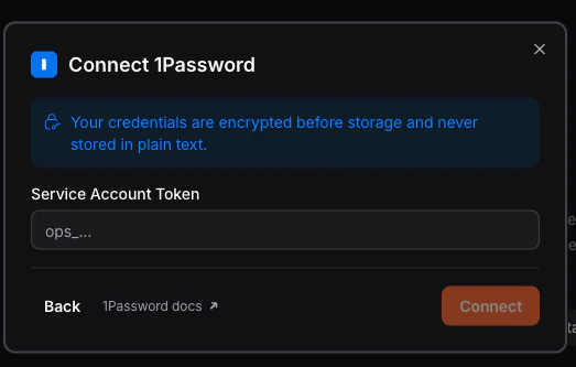 1Password credentials form with Service Account Token field