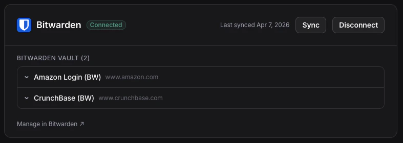 Vault settings with connected Bitwarden showing synced credentials