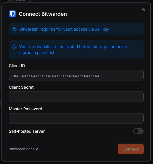 Bitwarden credentials form with Client ID, Client Secret, and Master Password fields