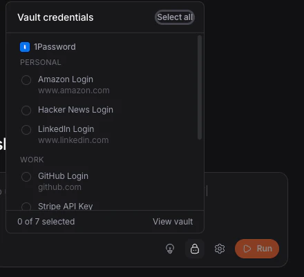 Vault access popover with credentials grouped by provider and checkboxes
