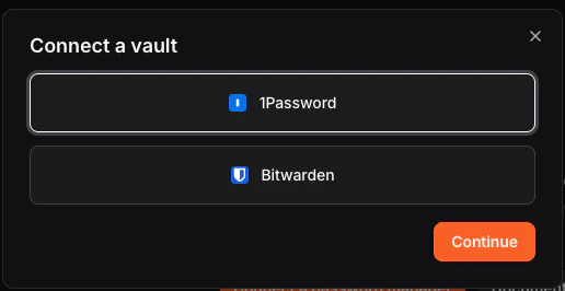 Provider selection dialog showing 1Password and Bitwarden options
