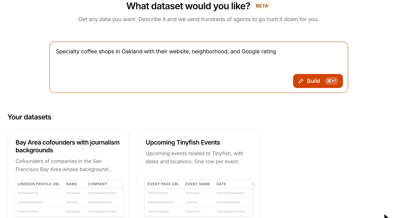 Datasets playground with a prompt for Oakland coffee shops typed in and the Build button