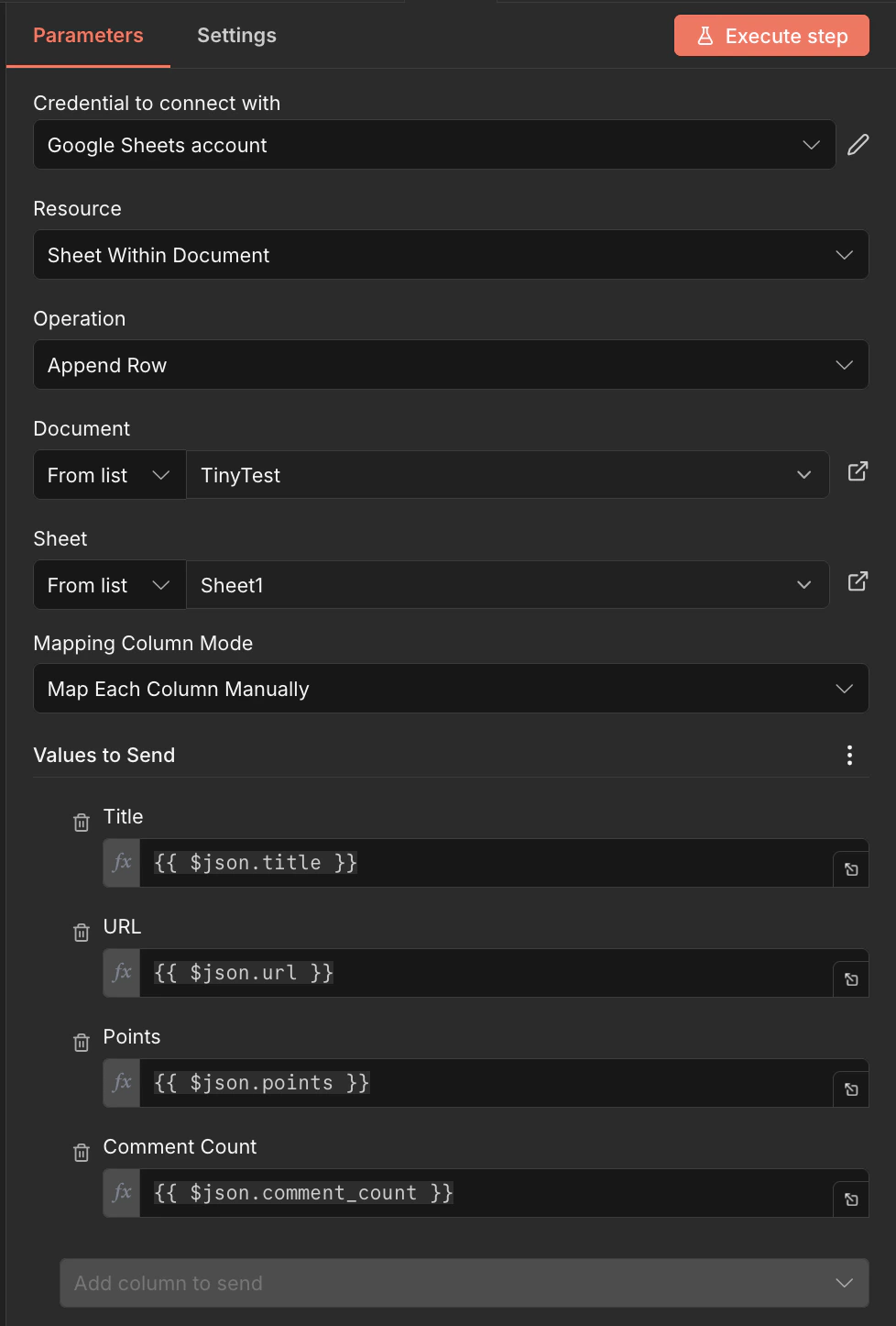 Google Sheets node with column mappings for title, url, points, and comment_count