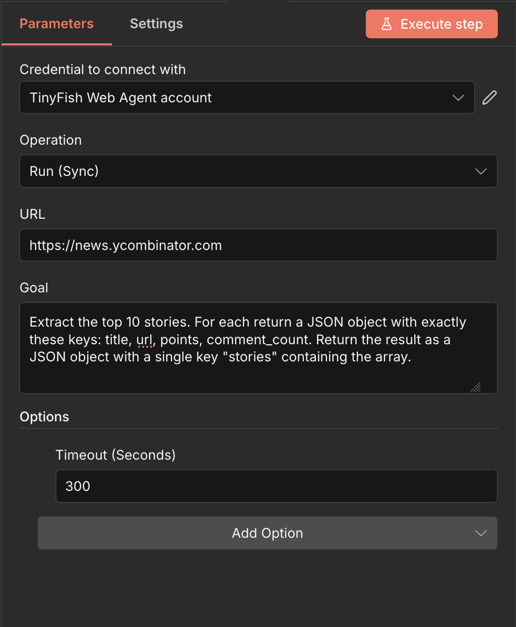 TinyFish Web Agent node configuration with Hacker News URL and goal