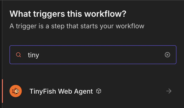 n8n node panel showing the TinyFish Web Agent node