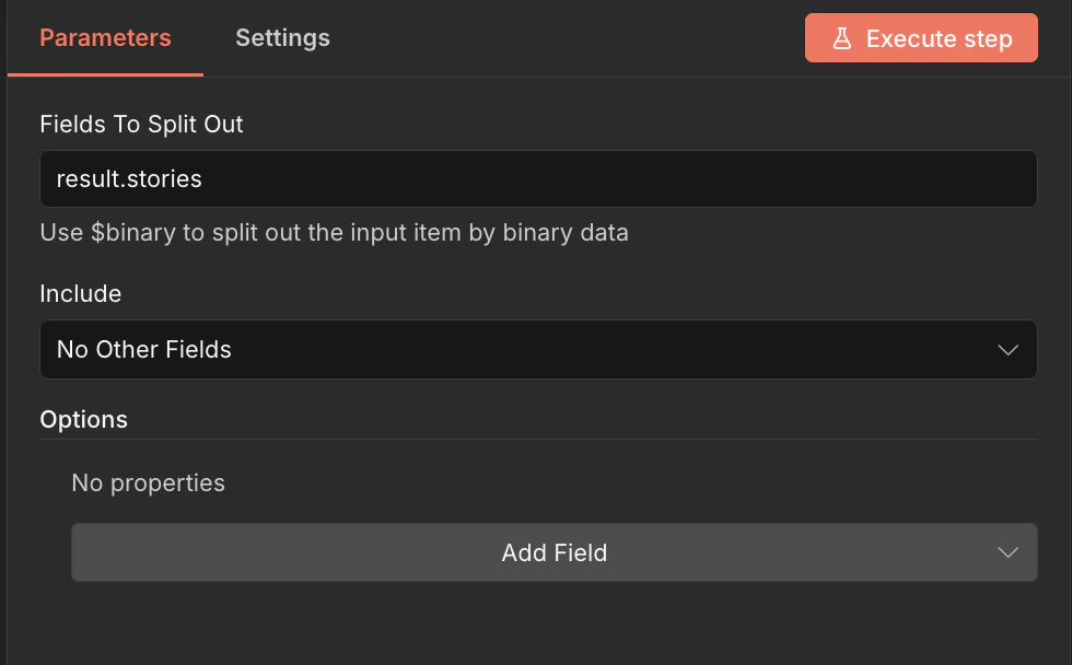 Split Out node configured to split result.stories
