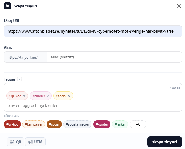 Färgkodade taggar Färgkodade taggar kopplade till en TinyURL