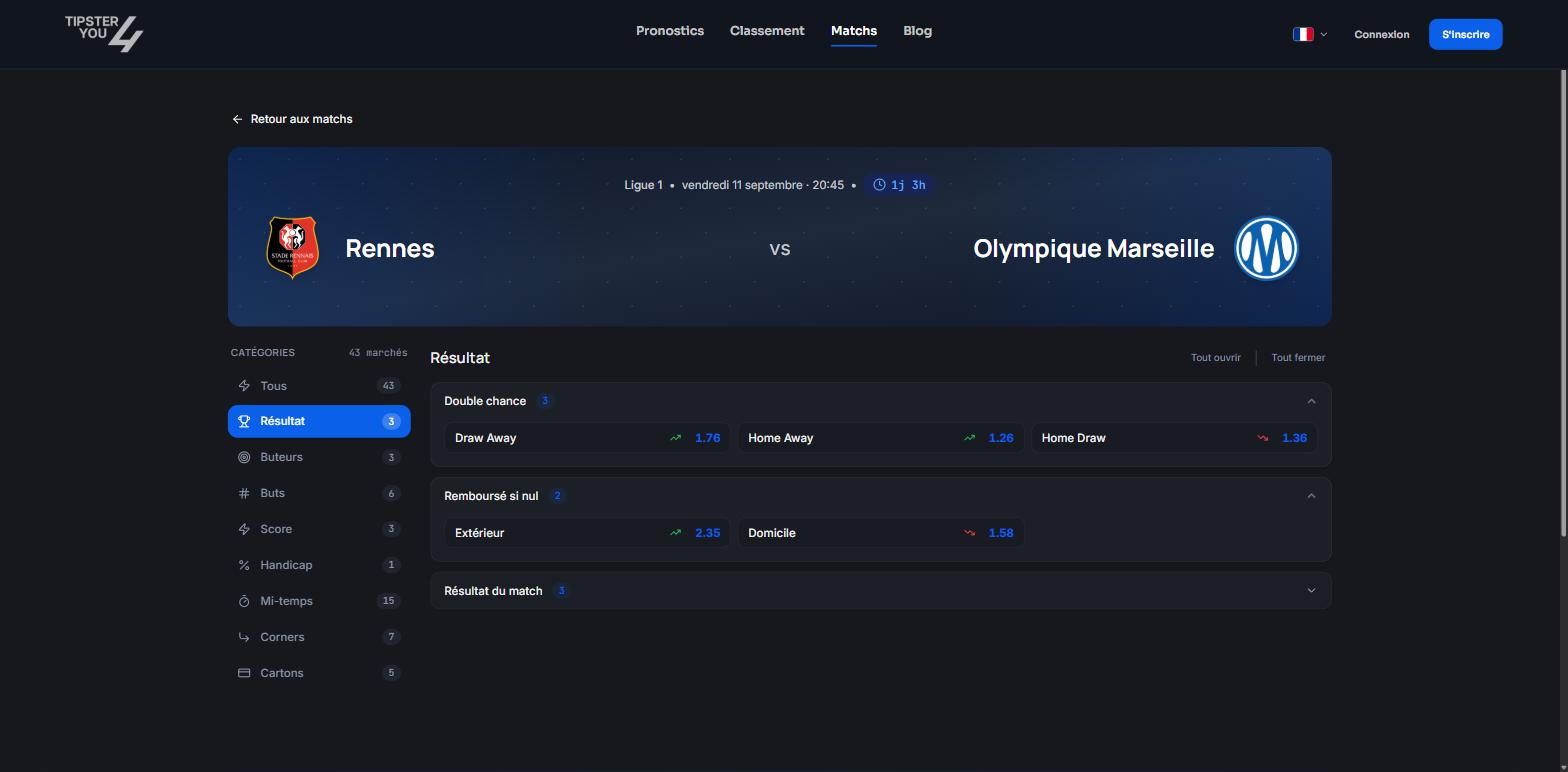 Fiche d'un match avec ses marchés