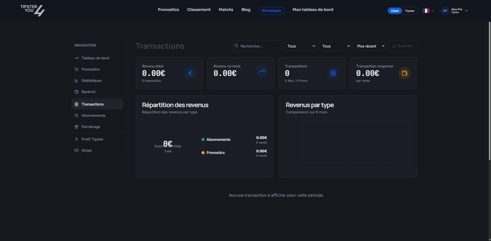 Onglet Transactions de l'espace tipster