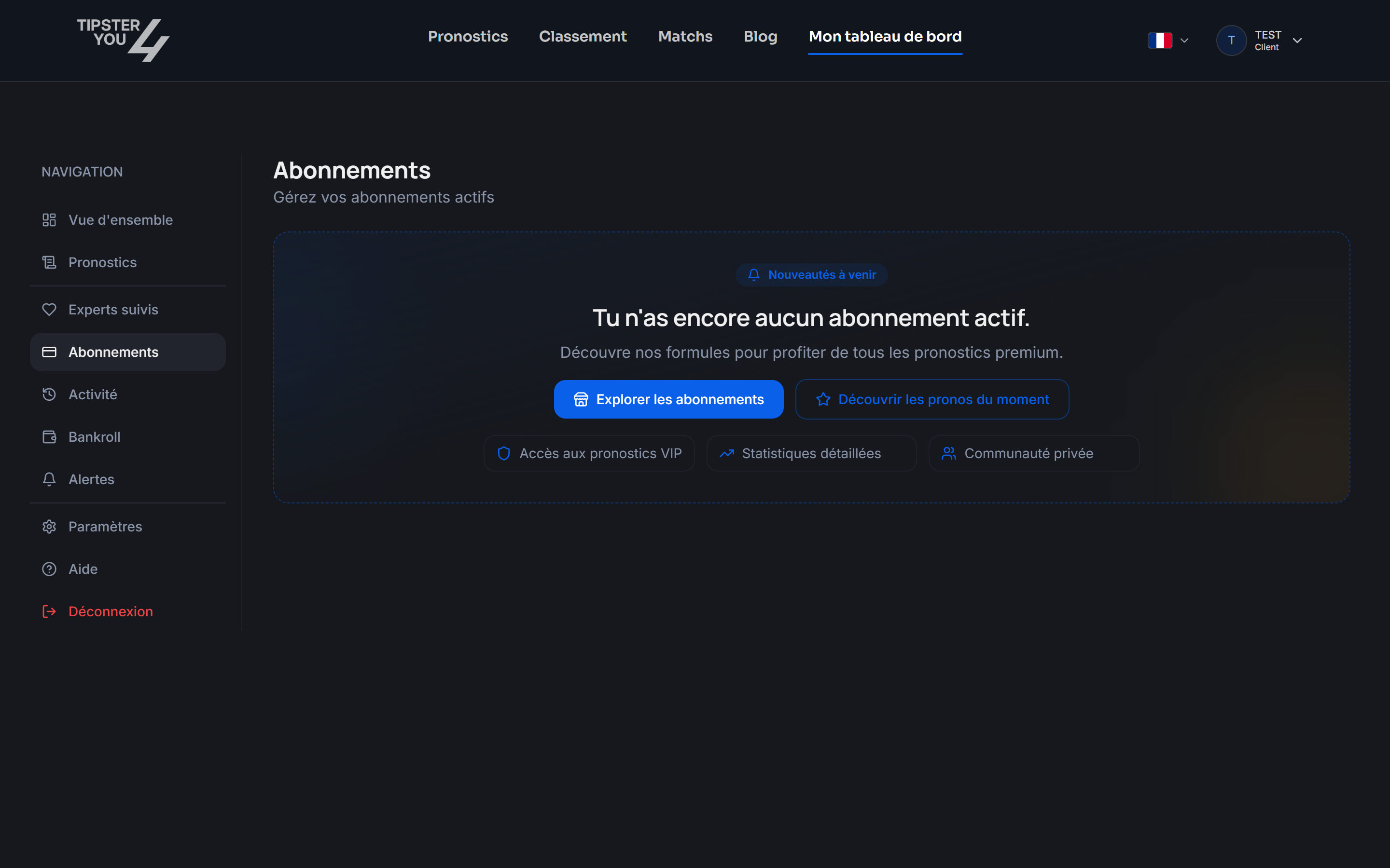 Subscriptions tab of the dashboard