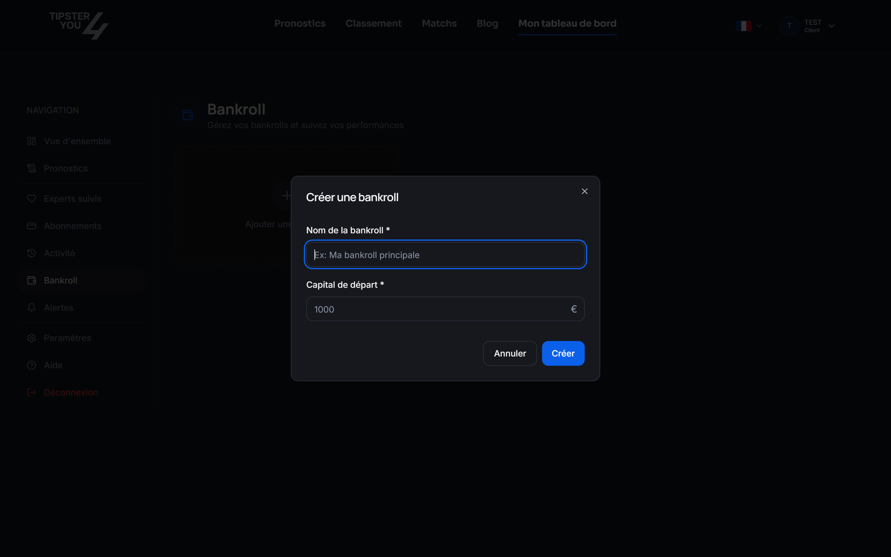 Bankroll tab of the dashboard