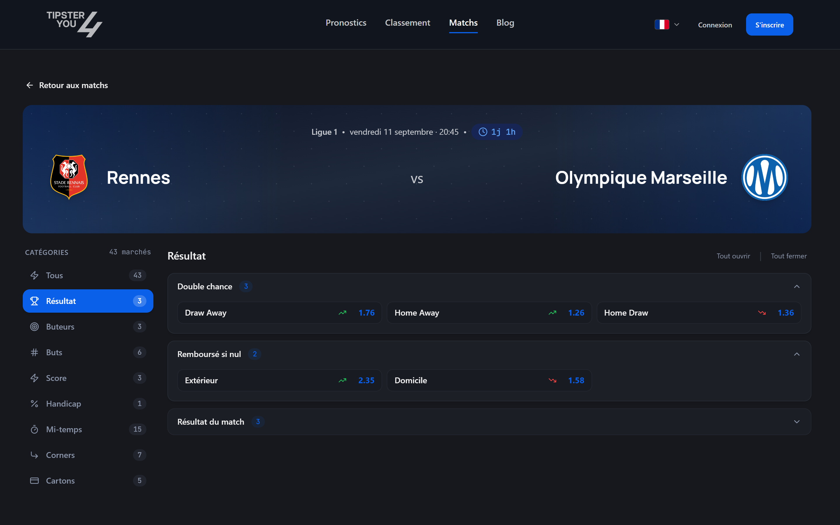 Fiche d'un match avec ses marchés